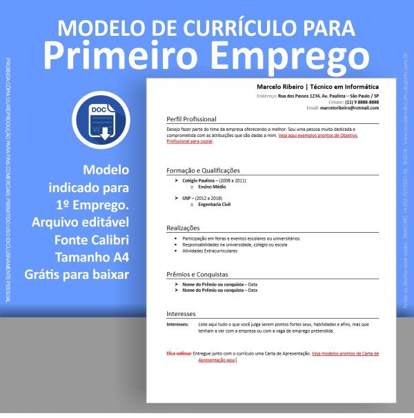Modelo de Currículo de Primeiro Emprego Pronto pra Baixar e Preencher