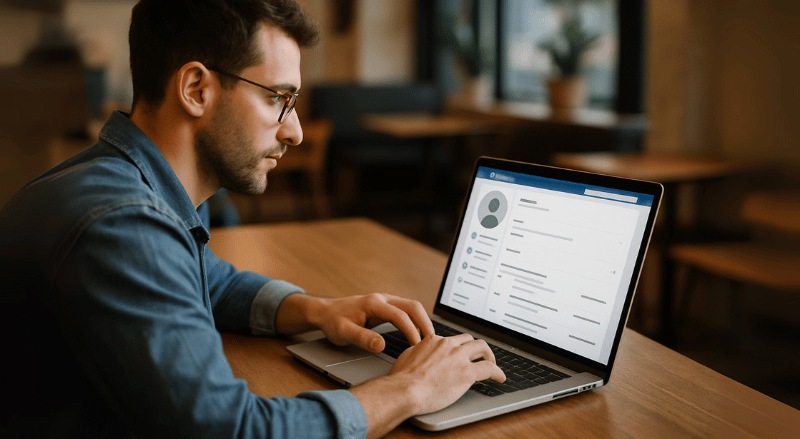 Uma pessoa concentrada utiliza seu laptop em um ambiente interno iluminado suavemente, atualizando o perfil profissional em um cenário realista e envolvente