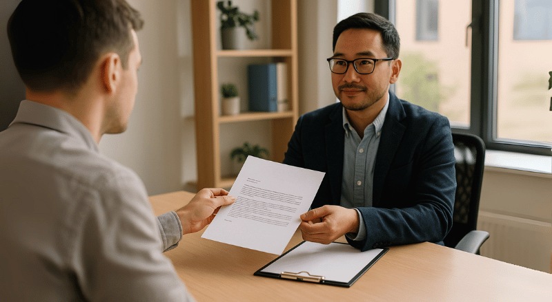 uma pessoa entregando uma carta de apresentação a um recrutador em um escritório moderno, com iluminação natural, expressões neutras e enquadramento em plano médio levemente lateral