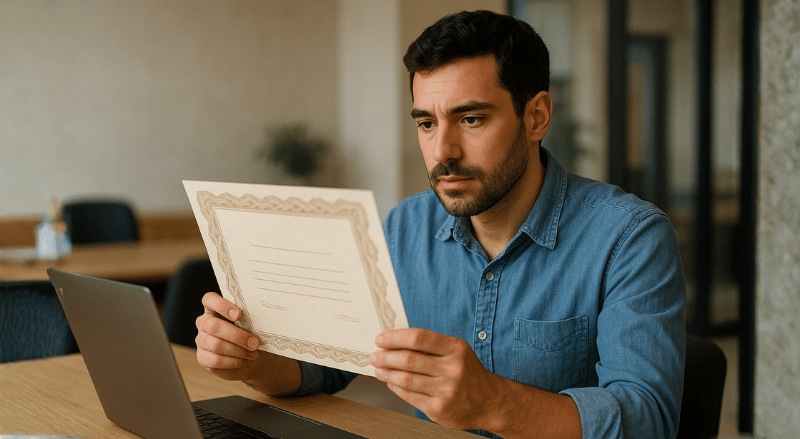 uma pessoa observando atentamente um certificado diante do laptop, com iluminação natural e ambiente profissional