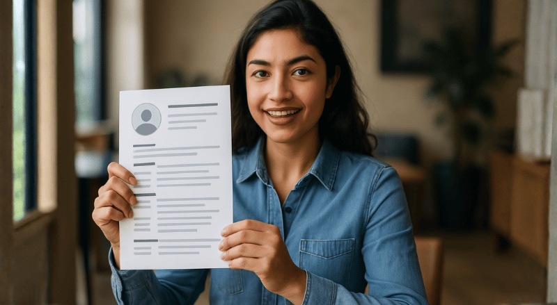 Uma pessoa em ambiente interno, em plano médio e iluminação natural suave, segurando um currículo de forma destacada