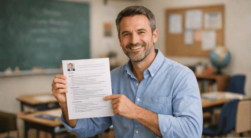 Professor sorridente segura um currículo impresso com as duas mãos, em destaque no primeiro plano, transmitindo confiança e satisfação
