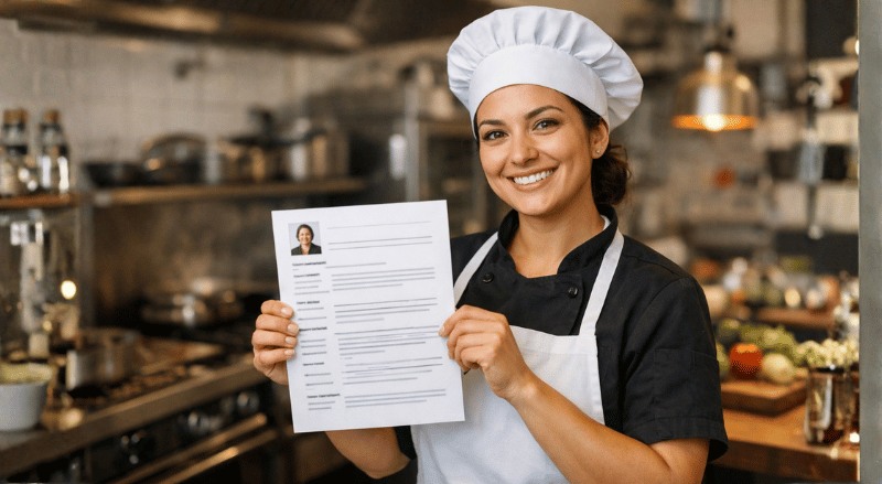 Imagem realista de uma auxiliar de cozinha sorridente, segurando seu currículo em destaque, com uma cozinha profissional ao fundo levemente desfocada. A cena transmite organização, profissionalismo e expectativa por uma oportunidade de trabalho.