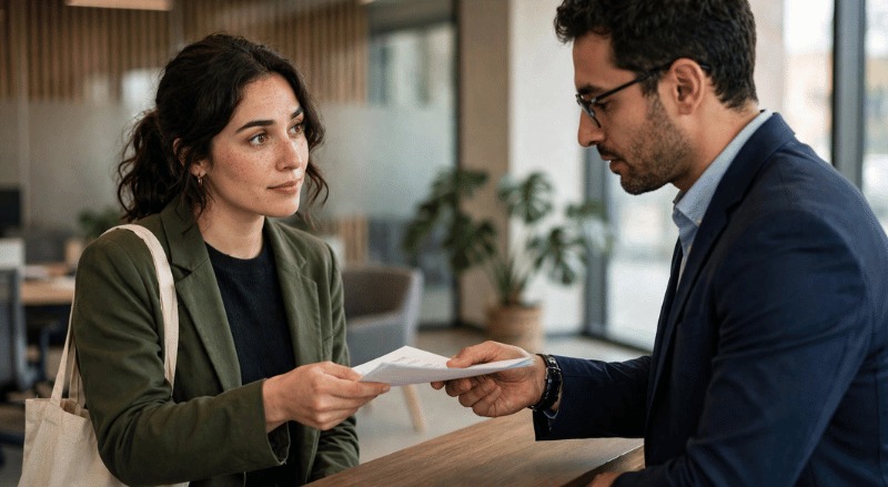 pessoa entregando currículo para recrutador de empresa em ambiente corporativo, luz natural e plano médio