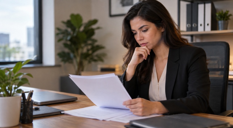 Pessoa em ambiente de trabalho analisando atentamente seu currículo, com expressão concentrada, em um escritório moderno e bem iluminado