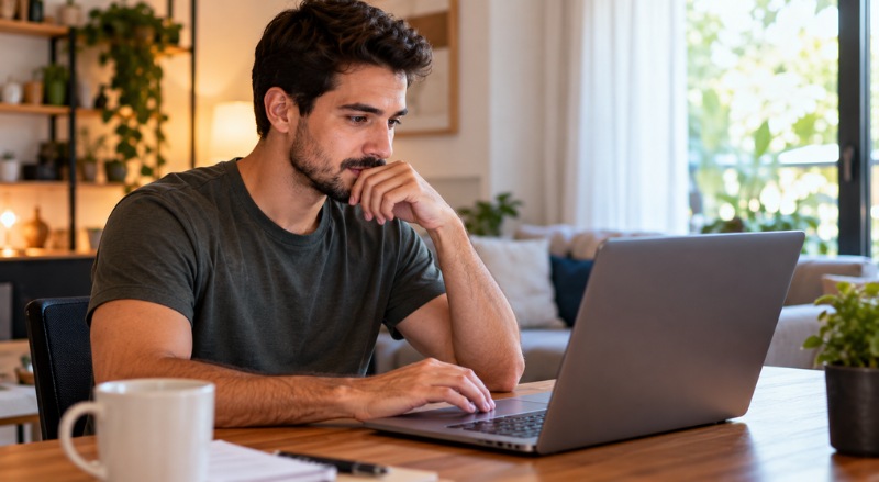 Homem utilizando notebook em casa, sentado à mesa em um ambiente confortável e bem iluminado, com expressão concentrada.